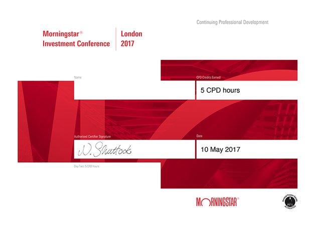 Certifikát Morningstar Investment conference - 10. května 2017
